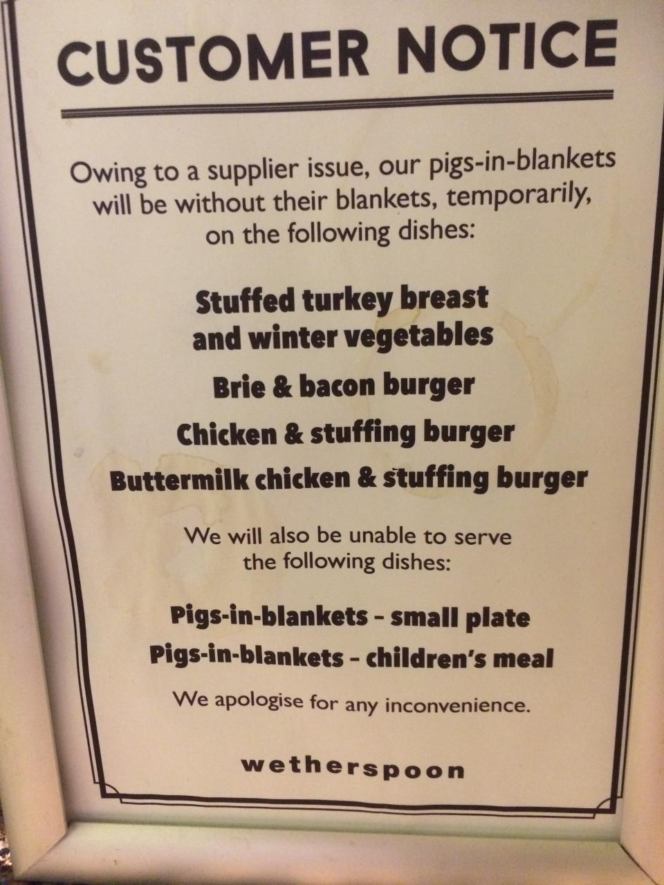 Notice in a Wetherspoon pub in central London. Photo: Yahoo Finance UK