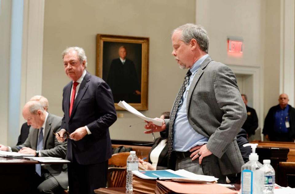 Alex Murdaugh’s attorney Dick Harpootlian, left, and Creighton Waters with S.C. Attorney General’s office attend a hearing in Colleton County on Friday, Dec. 9, 2022, in the murder case against Murdaugh.