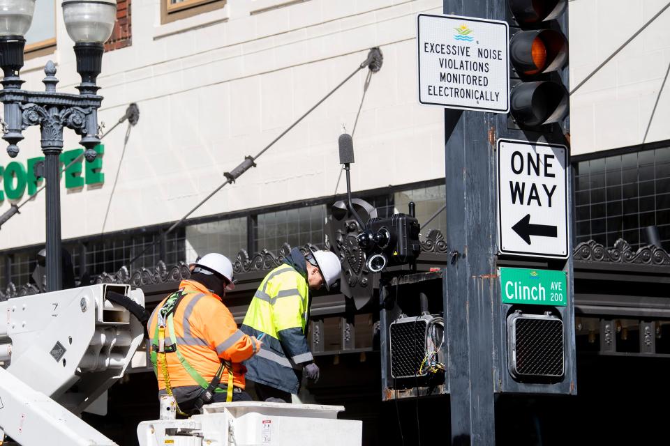 A noise-detection camera is installed at the corner of Gay St. and Clinch Ave. in downtown Knoxville on Monday, Feb. 14, 2022.