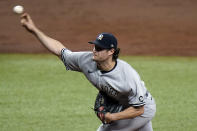 New York Yankees starting pitcher Gerrit Cole delivers to the Tampa Bay Rays during the third inning of a baseball game Wednesday, May 12, 2021, in St. Petersburg, Fla. (AP Photo/Chris O'Meara)