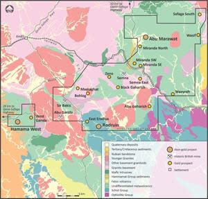 Geological map of the Abu Marawat Concession, showing the location of the Rodruin project