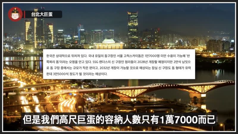 首爾高尺巨蛋在韓國被稱為「最爛的巨蛋」，容納人數僅有1萬7千人。（圖／翻攝自挖系桑米西YouTube）