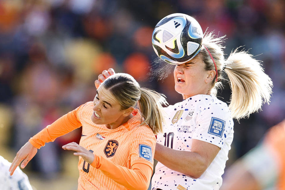 WELLINGTON, NEW ZEALAND - JULY 27: Jill Roord #6 of the Netherlands goes up for a header with Lindsey Horan #10 of the United States during the first half of the FIFA Women&#39;s World Cup Australia & New Zealand 2023 Group E match at Wellington Regional Stadium on July 27, 2023 in Wellington, New Zealand. (Photo by Carmen Mandato/USSF/Getty Images)