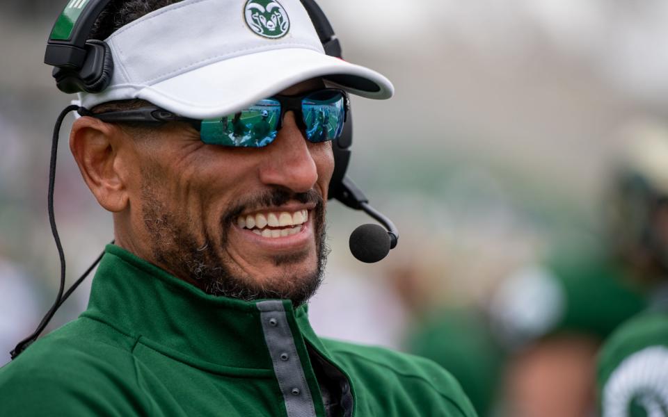 Colorado State head coach Jay Norvell laughs during a timeout promo at the CSU Spring Game at Canvas Stadium on April 23, 2022.