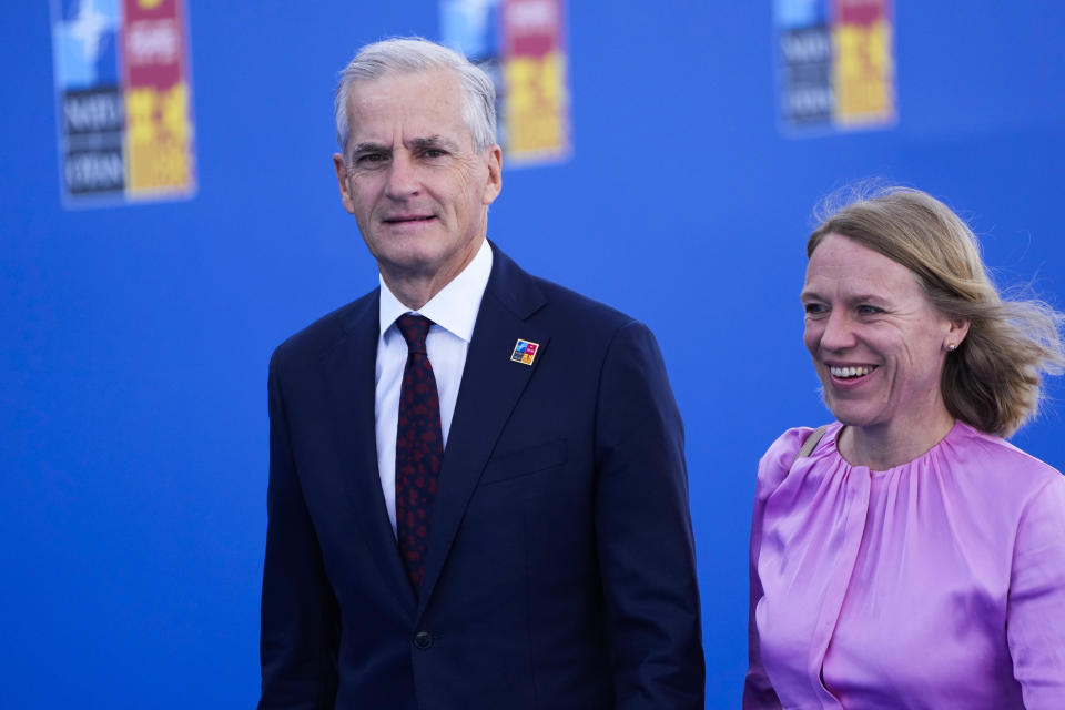 Norway's Prime Minister Jonas Gahr Store, left, and Foreign Minister Anniken Huitfeldt arrive for the NATO summit in Madrid, Spain, on Thursday, June 30, 2022. North Atlantic Treaty Organization heads of state will meet for a NATO summit in Madrid from Tuesday through Thursday. (AP Photo/Manu Fernandez)