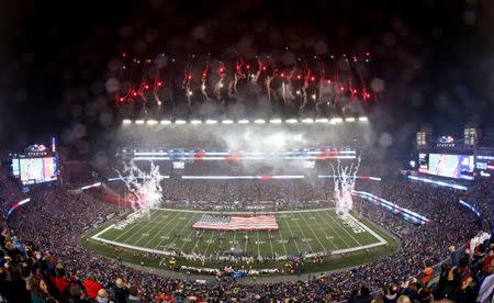 Jan 22, 2017; Foxborough, MA, USA; An overall of the stadium during the national anthem before the game between the New England Patriots and the Pittsburgh Steelers in the 2017 AFC Championship Game at Gillette Stadium. Mandatory Credit: Geoff Burke-USA TODAY Sports