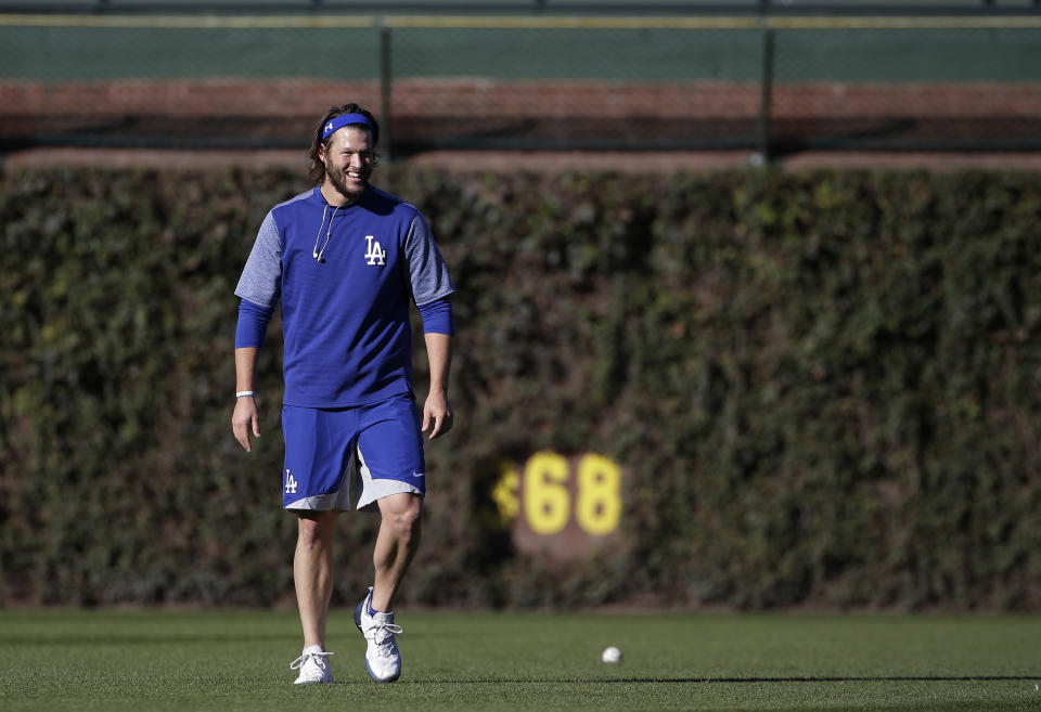 Los Angeles Dodgers’ Clayton Kershaw works out before Game 3 of baseball’s National League Championship Series against the Chicago Cubs, Tuesday, Oct. 17, 2017, in Chicago. (AP)