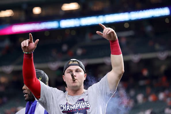 HOUSTON, TEXAS - NOVEMBER 02:  Joc Pederson #22 of the Atlanta Braves celebrates after the 7-0 victory against the Houston Astros in Game Six to win the 2021 World Series at Minute Maid Park on November 02, 2021 in Houston, Texas. (Photo by Carmen Mandato/Getty Images)