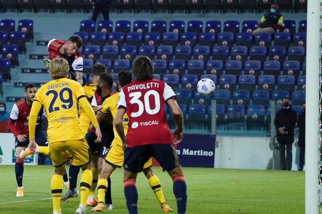 Alberto Cerri, top left, scored the last-gasp winner for Cagliari