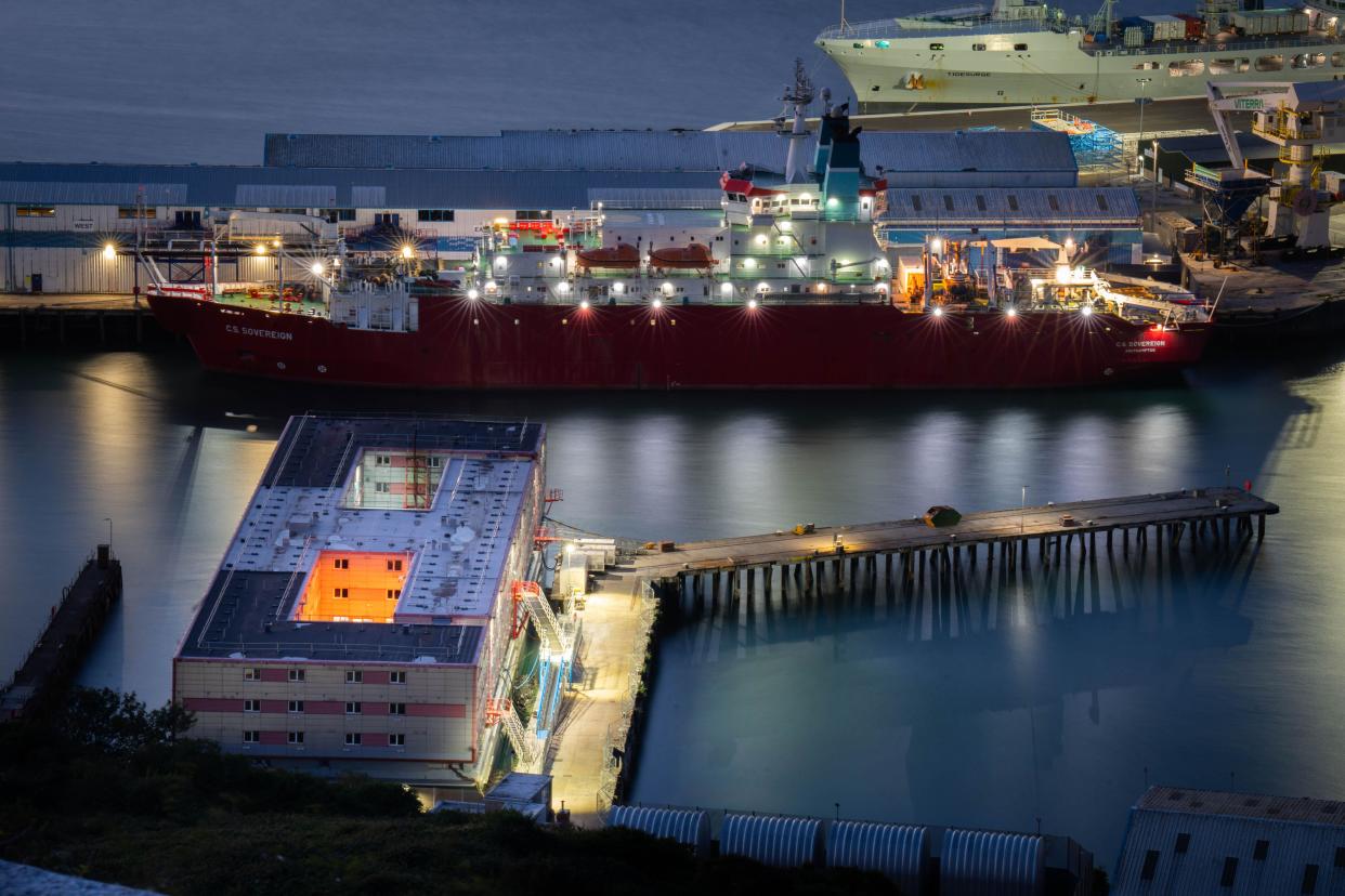 The Bibby Stockholm accommodation barge at Portland Port in Dorset, which will house up to 500 people. The Home Office have said around 50 asylum seekers would board the Bibby Stockholm, with the numbers rising to its maximum capacity over the coming months, despite safety concerns raised by some of the county's Conservative MPs and locals. Picture date: Sunday August 6, 2023.