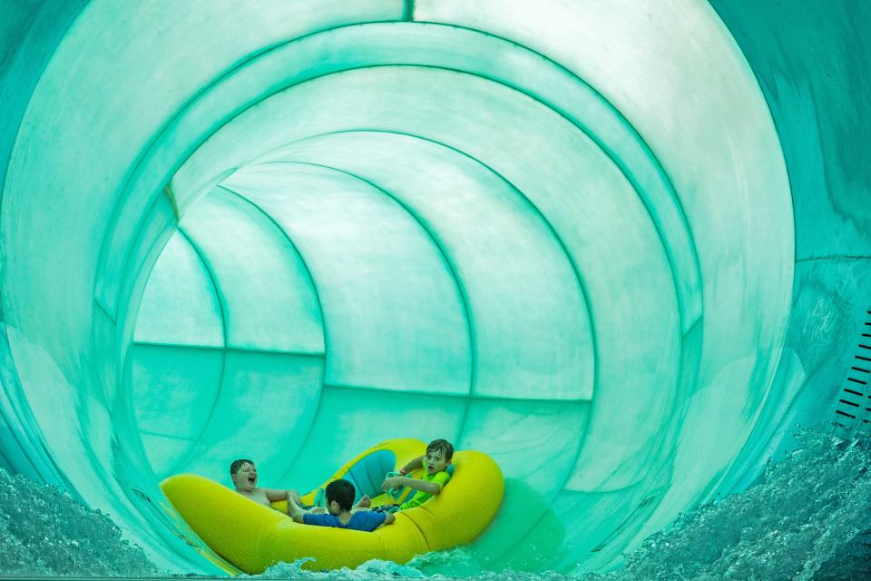 Visitors enjoy the Great Geyser Water Park at the grand opening of the Great Wolf Lodge in Perryville, Md., Thursday, June 29, 2023.