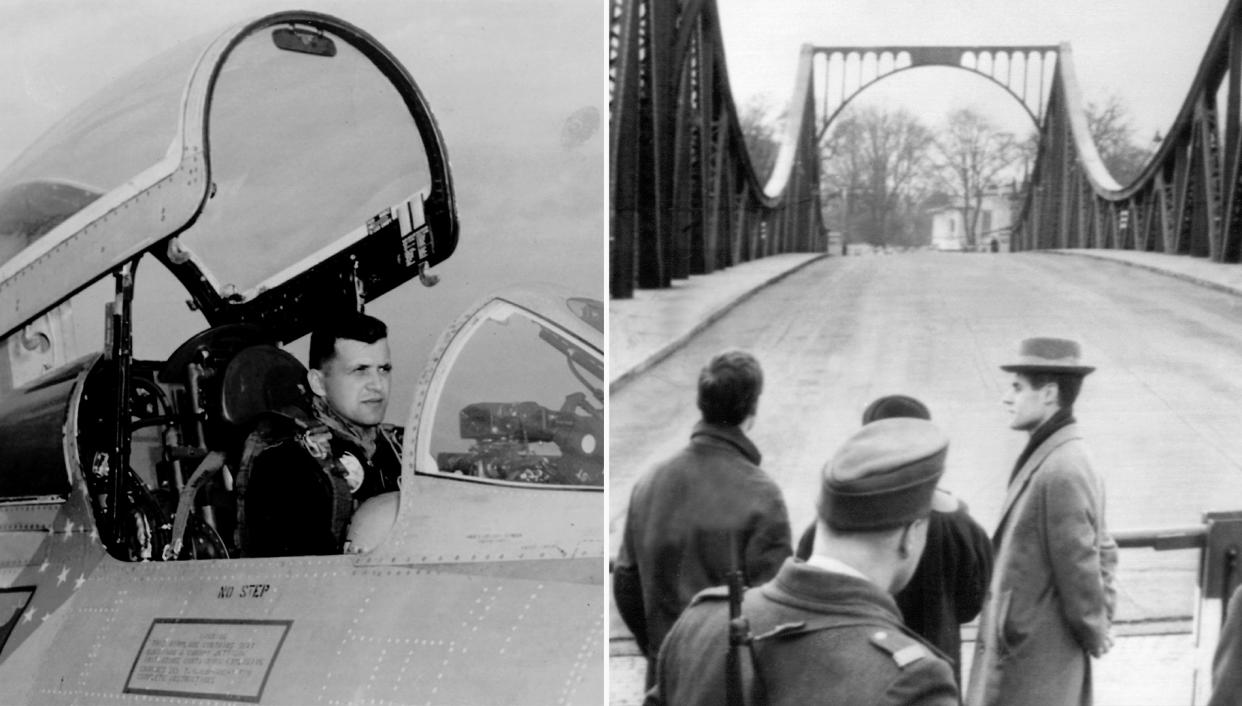 From left: Francis Gary Powers in 1953, and the Glienicke bridge on the day of his release in 1962. (AP file)