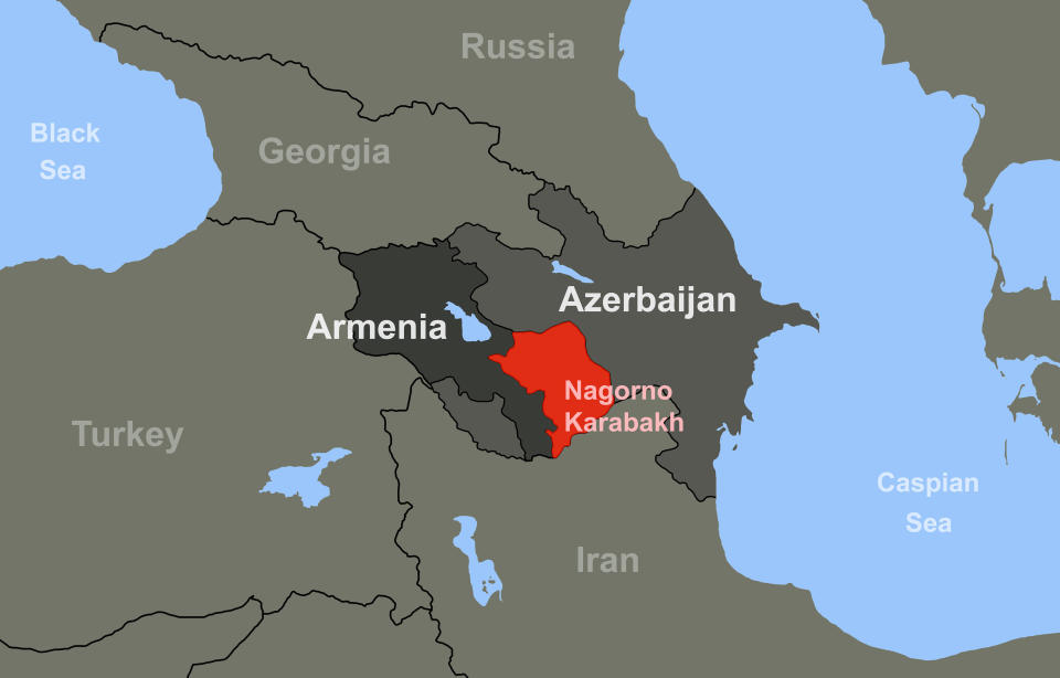 The breakaway region of Nagorno-Karabakh, recognized internationally as part of Azerbaijan, is seen in red.  / Credit: Getty/iStockphoto
