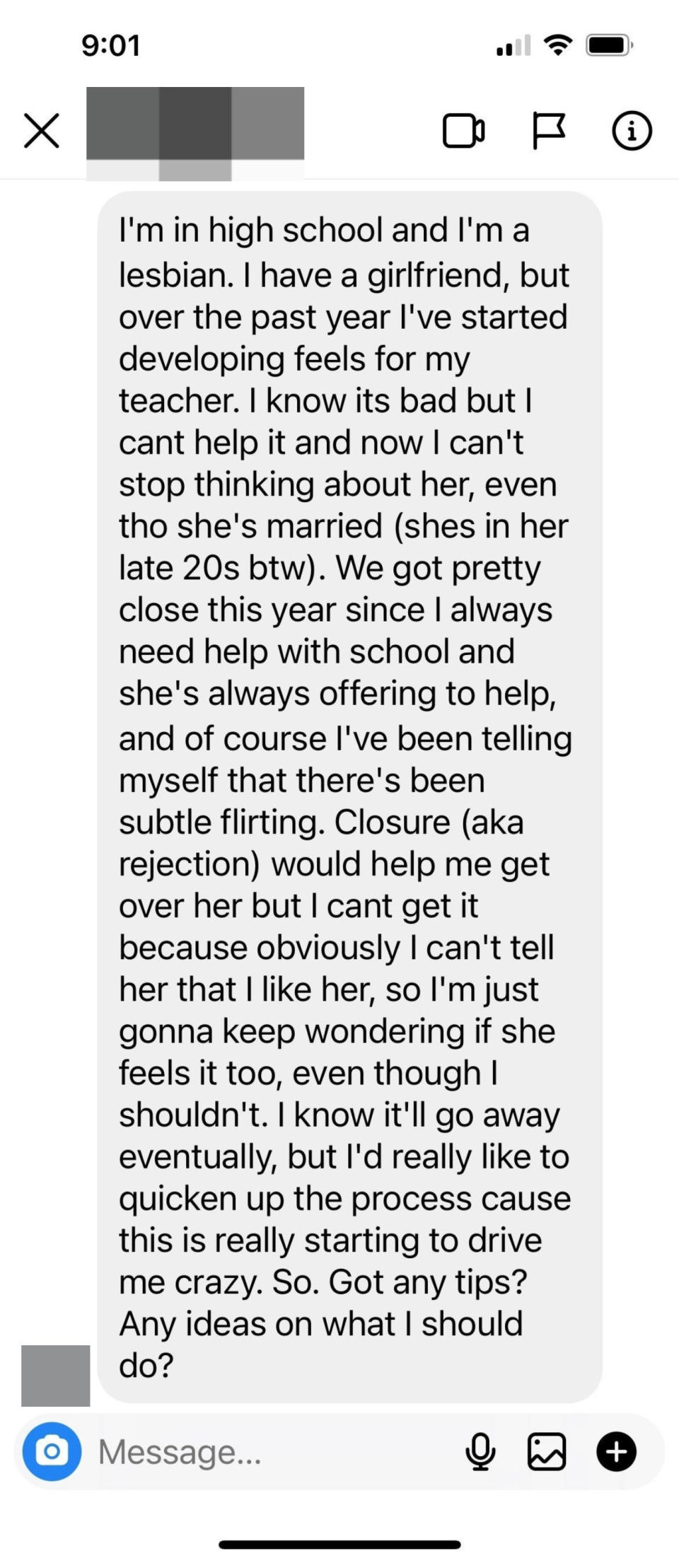 Instagram message that says a girl has a crush on her high school teacher and can't tell if she's flirting and wants closure