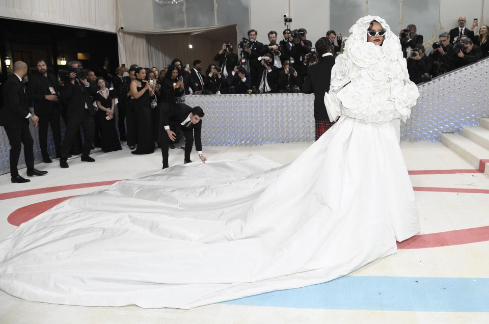 Rihanna attends The Metropolitan Museum of Art's Costume Institute benefit gala celebrating the opening of the "Karl Lagerfeld: A Line of Beauty" exhibition on Monday, May 1, 2023, in New York. (Photo by Evan Agostini/Invision/AP)