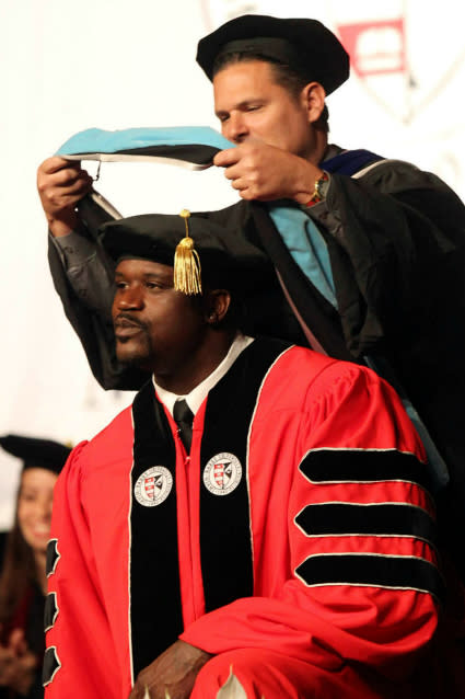 This week, rap superstar Kanye West became the latest celebrity to be awarded an honorary doctoral degree. The modern art enthusiast was awarded a Ph.D from the Art Institute of Chicago. The normally moody West was all smiles at the ceremony, as evidenced by an Instagram photo shared by his wife Kim Kardashian. While West's degree is certainly an honor, did you know there are a handful of very smart celebrities who earned doctorates, law degrees and even, from time to time, medical degrees? From Mayim Bialik to Gerard Butler, here are nine brainy celebrities who earned advanced degrees in college. <strong>1. Mayim Bialik</strong> Getty Images <em>The Big Bang Theory</em> star not only portrays a science genius on TV, she is one in real life. Bialik, 39, began her career as a child actor and then found fame as the teen star of NBC's early '90s hit <em>Blossom</em>. She later took time off from acting to attend UCLA, where she completed a triple major (Hebrew, Jewish Studies and neuroscience) for her undergrad degree. After that, Bialik decided to go for the gold, earning a Ph.D in neuroscience from the school in 2008. Her dissertation? Oh, it's a fun read titled "Hypothalamic Regulation In Relation to Maladaptive, Obsessive-Compulsive, Affiliative, and Satiety Behaviors in Prader-Willi Syndrome." <strong>PHOTO: Paul Rudd's College Yearbook Photo Will Blow Your Mind </strong> <strong>2. Shaquille O'Neal</strong> Getty Images The former NBA superstar will go down in history as one of the greatest centers of all time, but despite the millions he's banked, the 7'1" smarty has never been content to be a retiree. The 43-year-old tried his hand at rapping, acting and eventually academia, which he nailed. O'Neal earned a Ph.D in education from Barry University. (Fun fact: At the 2012 ceremony to receive his degree, Doc O'Neal wore a triple extra-large robe.) <strong>3. Wladimir Klitschko</strong> Getty Images Klitschko is, of course, the gigantic Ukranian boxer who stole the heart of teeny-tiny <em>Nashville</em> star Hayden Panettiere. Sure, he's a big macho hunk, but maybe his fiancée Panettiere, who gave birth to their daughter Kaya last winter, loves the fighter for his brilliant mind. Turns out, Klitschko, 39, has a doctorate in sports science from Kiev University. And if that's not enough, Dr. Klitschko also speaks three languages. <strong>4. Ken Jeong</strong> Getty Images How's this for surprising? Jeong, the actor who's made a career of playing offbeat characters like angry gangster Mr. Chow in the <em>Hangover</em> trilogy, is actually a licensed medical doctor. The son of Korean immigrants, Jeong received his MD in 1995 from the University of North Carolina at Chapel Hill. It was his wife Tran Ho, herself a physician, who encouraged Jeong to ditch the white robe and explore his love of acting. All that medical knowledge will come in handy this fall, however, when Jeong, 46, plays a physician on the new ABC comedy <em>Dr. Ken</em>. <strong>WATCH: Michelle Obama Wants to Make Education Cool Again </strong> <strong>5. Miuccia Prada</strong> Getty Images The Italian designer is fashion royalty. One of the grandchildren of powerhouse Prada label founder Mario Prada, Miuccia and her siblings took over the company in the late 1970s. The designer was always destined for the glamorous life -- her $4 billion estimated worth isn't too shabby! -- but that never stopped Miuccia from studying her passions, including political science. She holds a doctorate in the subject from the University of Milan. <strong>6. Rachel Maddow</strong> Getty Images Anyone who's tuned into MSNBC's political chat program <em>The Rachel Maddow Show</em> knows this host is whip-smart. Naturally, the 42-year-old has a few degrees under her belt, including a doctorate in political science from Oxford University, where Maddow was a Rhodes Scholar. <strong>7. Gerard Butler</strong> Splash News Would it surprise you to learn that the rough and tumble Scottish actor graduated from Glasgow University with a law degree? Apparently, Butler was a work hard, play hard-type student, which prepared him for a career in Hollywood -- the 45-year-old actor admits that the law degree has come in handy when he's had skirmishes with the police, like in 2009, when Butler was charged with criminal battery after a dust-up with a photographer. <strong>NEWS: Get Ready to Feel Old -- The Sprouse Twins Just Graduated College</strong> <strong>8. James Franco</strong> Getty Images The 37-year-old actor-painter-writer-director-profesor is the ultimate overachiever. With a successful Hollywood career already under his belt, James moved to New York City to simultaneously earn graduate degrees from Columbia University (writing, which he earned in 2010), New York University (filmmaking) and Brooklyn College (fiction writing). As if that wasn't enough, he participated in a low-residency MFA poetry program at Warren Wilson College <em>at the same time</em>. He is currently a PhD student in English at Yale University, and he's also taken classes at the nearby Rhode Island School of Design. Want to learn from the eccentric multihyphenate? He'll be teaching a film class this fall through his own school, Studio4. <strong>9. Brian May</strong> ETONLINE Not only is he one of the world's most legendary musicians, May, guitarist for the British rock band Queen, also holds a Ph.D in astrophysics from the Imperial College in London and is now a Visiting Researcher at the school. The most heartwarming part is that it took May more than 35 years to finish the work. He completed most of his degree from 1970-74, just as Queen began scoring international success. May's love for astronomy stayed with him all throughout his career, so in 2006 at age 59, May re-registered at the school and finished his degree in less than a year. Now we know who'll make it through Hollywood University just fine.