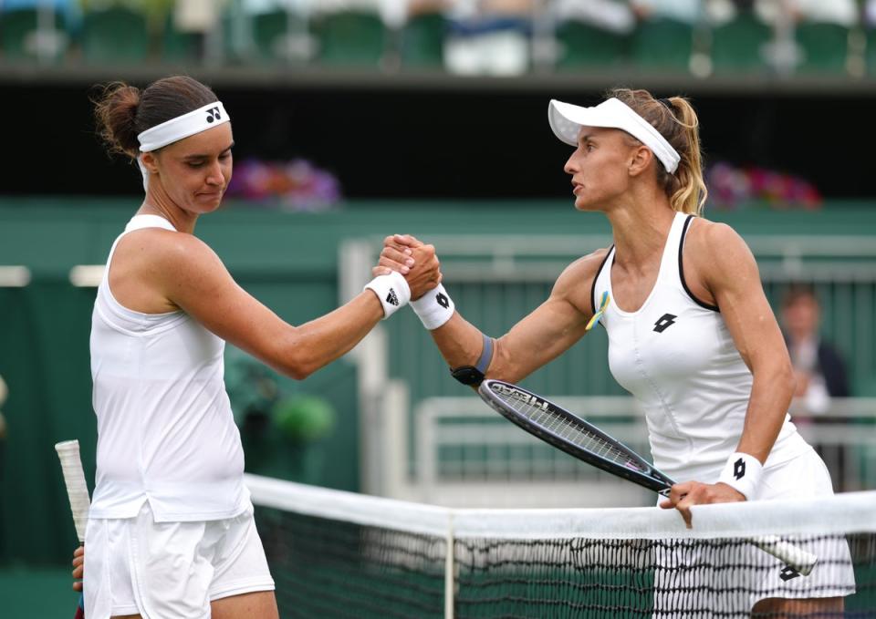 Lesia Tsurenko celebrates after beating fellow Ukrainian Anhelina Kalinina in the second round at Wimbledon (John Walton/PA) (PA Wire)