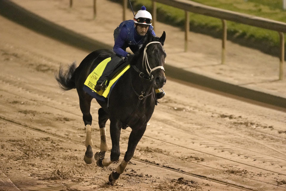 Kentucky Derby hopeful Encino works out at Churchill Downs Tuesday, April 30, 2024, in Louisville, Ky. The 150th running of the Kentucky Derby is scheduled for Saturday, May 4. (AP Photo/Charlie Riedel)