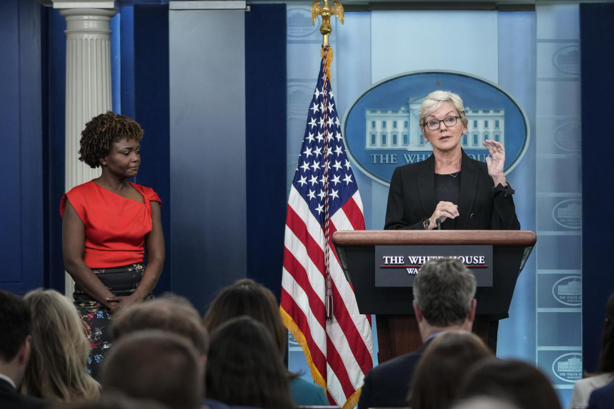 WASHINGTON, DC - JUNE 22: (L-R) White House Press Secretary Karine Jean-Pierre looks on as U.S. Secretary of Energy Jennifer Granholm speaks during the daily press briefing at the White House on June 22, 2022 in Washington, DC. Granholm discussed the administration's response to rising gas prices. (Photo by Drew Angerer/Getty Images)