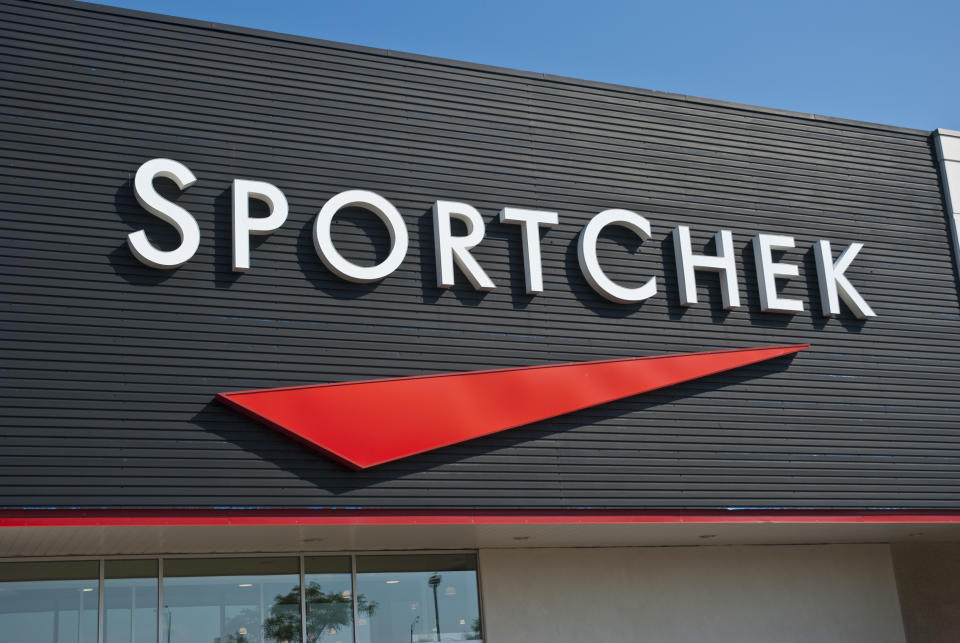 Mississauga, Ontario, Canada - July 8, 2011: Sport Chek store at plaza at Dundas Street and Winston Churchill Blvd. Mississauga