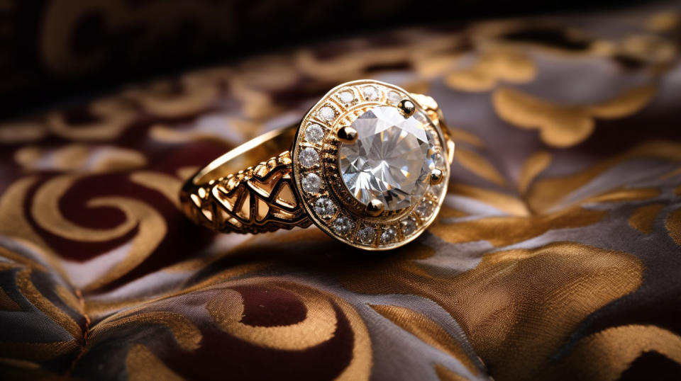 A detail view of a handcrafted diamond ring, placed atop a velvet pillow on a jeweler's tray.