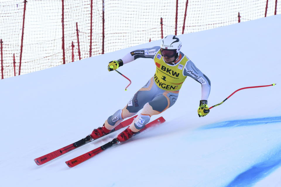 Norway's Aleksander Aamodt Kilde competes during the first run of an alpine ski, men's World Cup combined in Wengen, Switzerland, Friday, Jan. 17, 2020. (AP Photo/Marco Tacca)