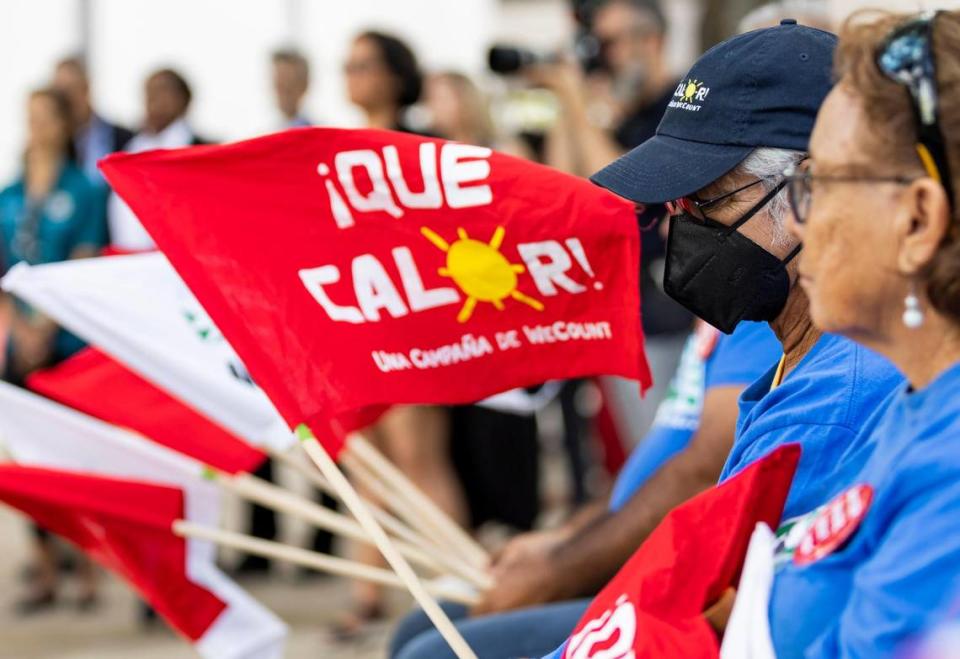 Jose Delgado Soto, 74, a member of WeCount! and a farmworker who has suffered from two heat strokes, attends a press conference outside of Government Center on Monday, May 15, 2023, in downtown Miami, Fla. The group’s ¡Que Calor! campaign pushes for Miami-Dade County to require employers to give oudoor workers water, shade and rest to protect them from extreme heat.