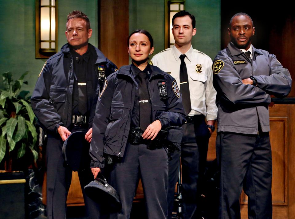 Tim Altmeyer, from left, Elisabeth Yancey, Britt Michael Gordon and Jovon Jacobs in "Lobby Hero," now running through Oct. 29 at Palm Beach Dramaworks.