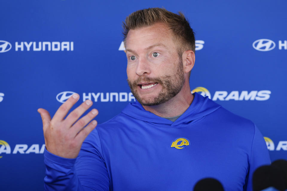 Los Angeles Rams head coach Sean McVay speaks during a news conference after an NFL football organized team activity Tuesday, May 21, 2024, in Thousand Oaks, Calif. (AP Photo/Ryan Sun)