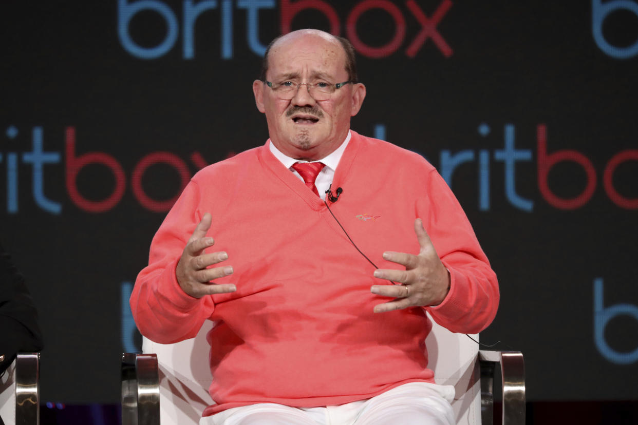 Brendan O'Carroll speaks at the "Mrs. Brown's Boys" panel during the Britbox TCA 2020 Winter Press Tour at the Langham Huntington on Tuesday, Jan. 14, 2020, in Pasadena, Calif. (Photo by Willy Sanjuan/Invision/AP)