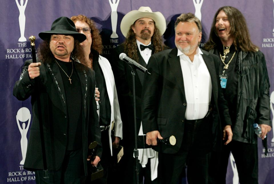 Lynyrd Skynyrd, from left, Gary Rossington, Billy Powell, Artimus Pyle, Ed King and Bob Burns, backstage after being inducted into the Rock and Roll Hall of Fame in 2006.