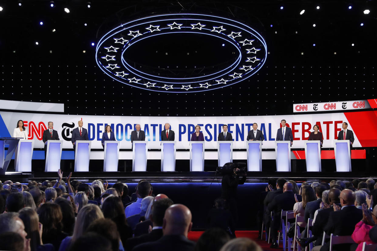 Democratic presidential candidates onstage at Tuesday's Democratic presidential primary debate hosted by CNN and The New York Times at Otterbein University in Westerville, Ohio. (Photo: ASSOCIATED PRESS)