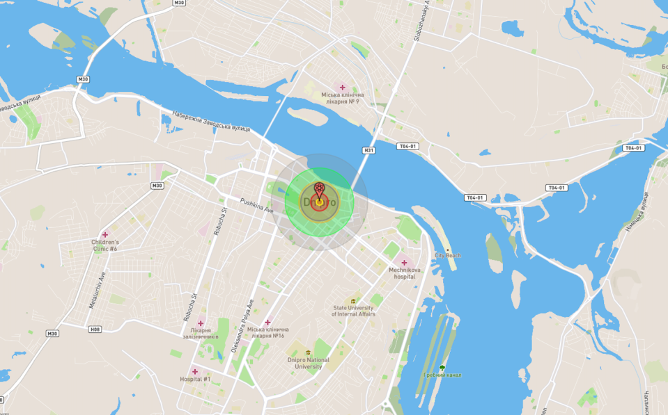 Estimación gráfica de los efectos de una pequeña bomba nuclear de 1 kt lanzada en Dnipro, según la web NUKEMAP. <a href="https://nuclearsecrecy.com/nukemap/" rel="nofollow noopener" target="_blank" data-ylk="slk:Nukemap / Alex Wellerstein;elm:context_link;itc:0;sec:content-canvas" class="link ">Nukemap / Alex Wellerstein</a>