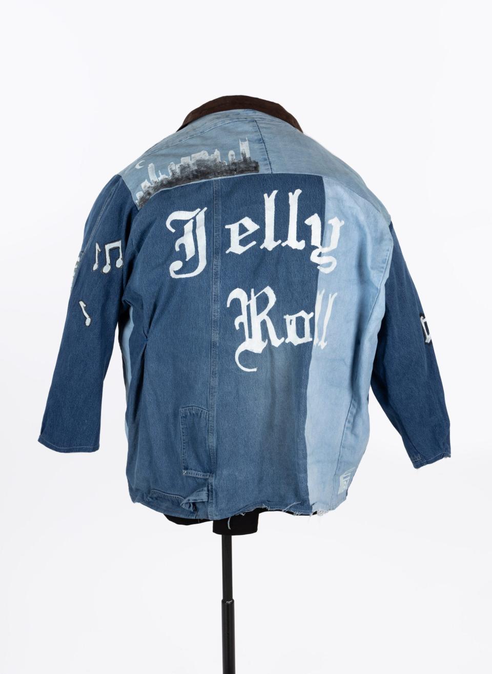 Jelly Roll wore this custom-made patchwork denim jacket at his first headlining concert at Nashville’s Bridgestone Arena, on Dec. 9, 2022.