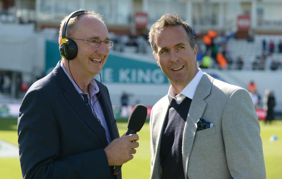 Jonathan Agnew (left) works on the BBC radio broadcast Test Match Special. (Credit: Getty Images)