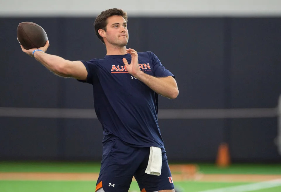 Auburn Tigers quarterback Holden Geriner (12) throws for receivers during Auburn Tigers Pro Day at Woltosz Football Performance Center in Auburn, Ala., on Tuesday, March 21, 2023.