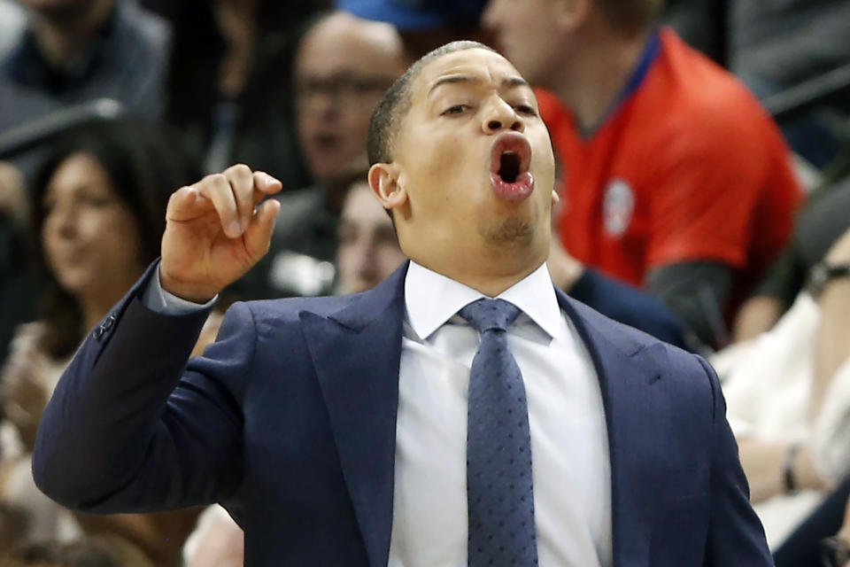 FILE - In this Oct. 19, 2018, file photo, Cleveland Cavaliers head coach Tyrone Lue directs his players against the Minnesota Timberwolves in the first half of an NBA basketball game, in Minneapolis. Tyronn Lue has agreed in principle to become the next coach of the Los Angeles Clippers. Final terms were still being worked on, according to the person who spoke to The Associated Press on condition of anonymity Thursday, Oct. 15, 2020, because no contract had been signed. (AP Photo/Jim Mone, File)