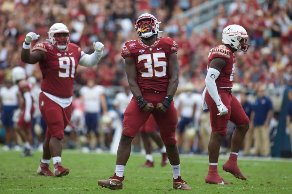 Redshirt senior defensive end Leonard Warner III (35) celebrates a sack. Florida State football defeated Georgia Tech, 41-16, On Oct. 29, 2022, at Doak Campbell Stadium.