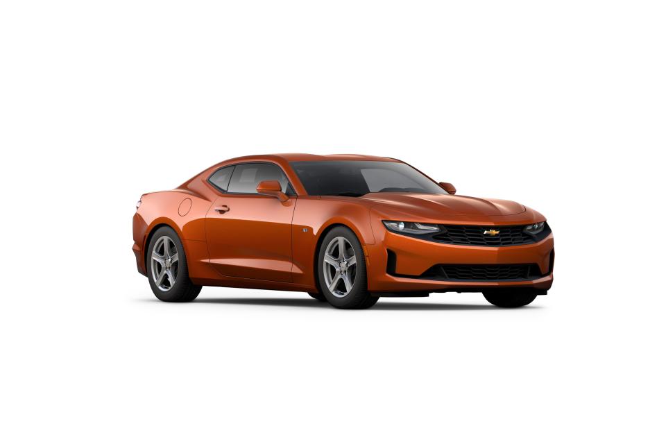 Front view of the 2024 Chevrolet Camaro 1LZ in Vivid Orange Metallic.