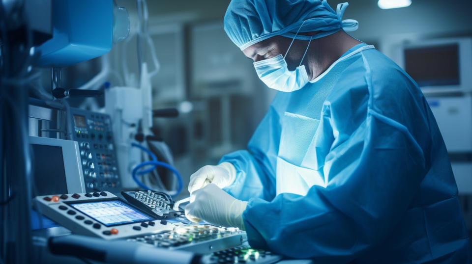 A medical technician holding a modern ablation device in a hospital operating theatre.