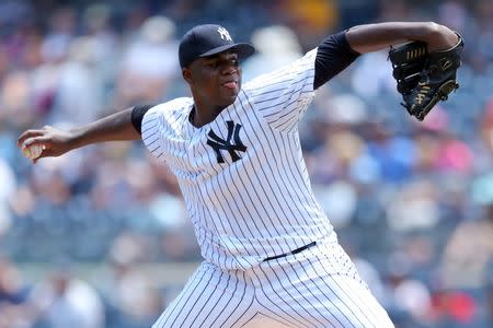 FILE PHOTO: Jul 5, 2017; Bronx, NY, USA; Former New York Yankees starting pitcher Michael Pineda (35) pitches against the Toronto Blue Jays during the first inning at Yankee Stadium. Brad Penner-USA TODAY Sports