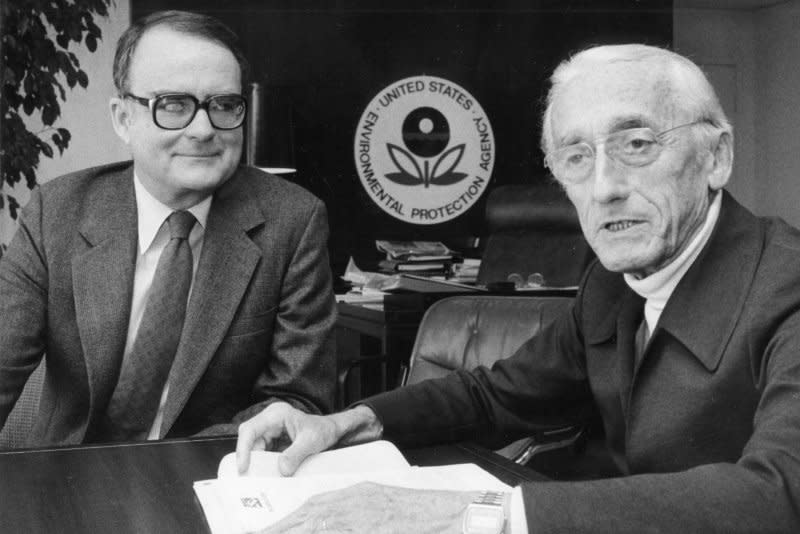 Environmental Protection Agency Administrator William Ruckelshaus (L) meets with underwater explorer Jacques Cousteau on December 7, 1983. The EPA was formed December 2, 1970. File Photo by Don Rypka/UPI