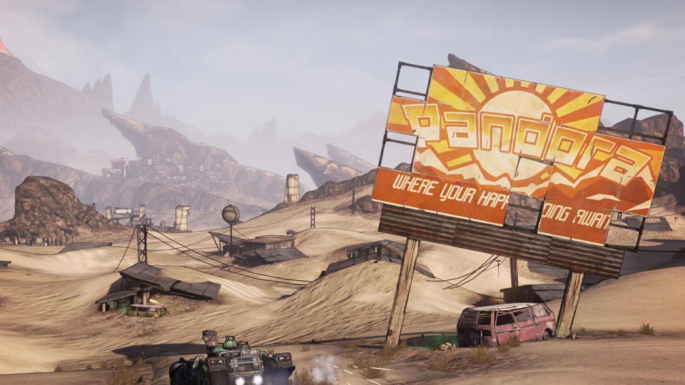 Several shanty houses and abandoned vehicles are dotted across the desert landscape.  Ahead is a huge broken billboard with an image of a bright sun shining over mountains with 'Pandora' written across it in large letters.