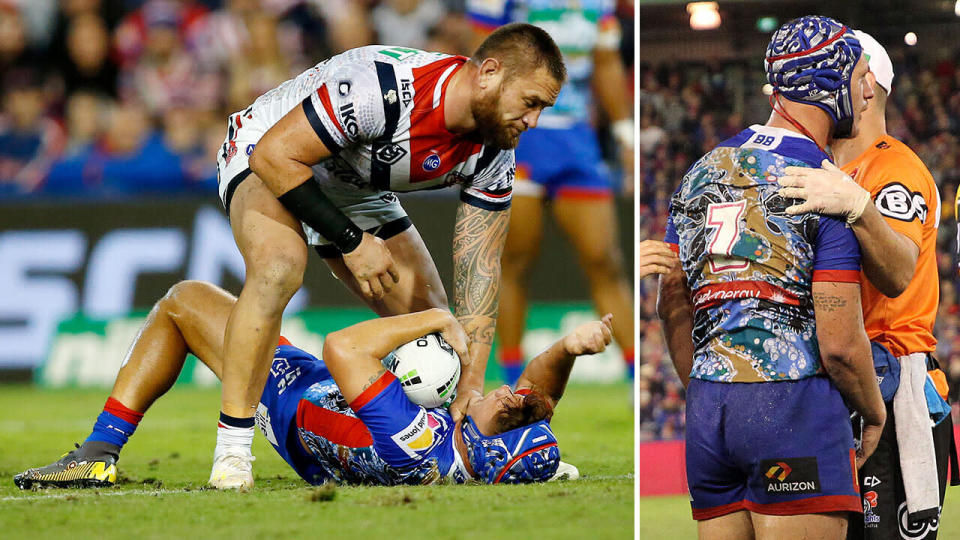 Kalyn Ponga was taken out of the game by Jared Waerea-Hargreaves' hit. Pic: Getty/AAP