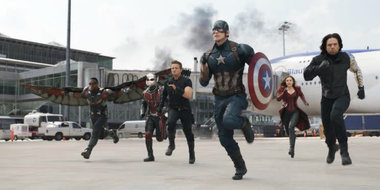 Captain America and pals running for their Disney Christmas bonus [Image via Marvel Studios]