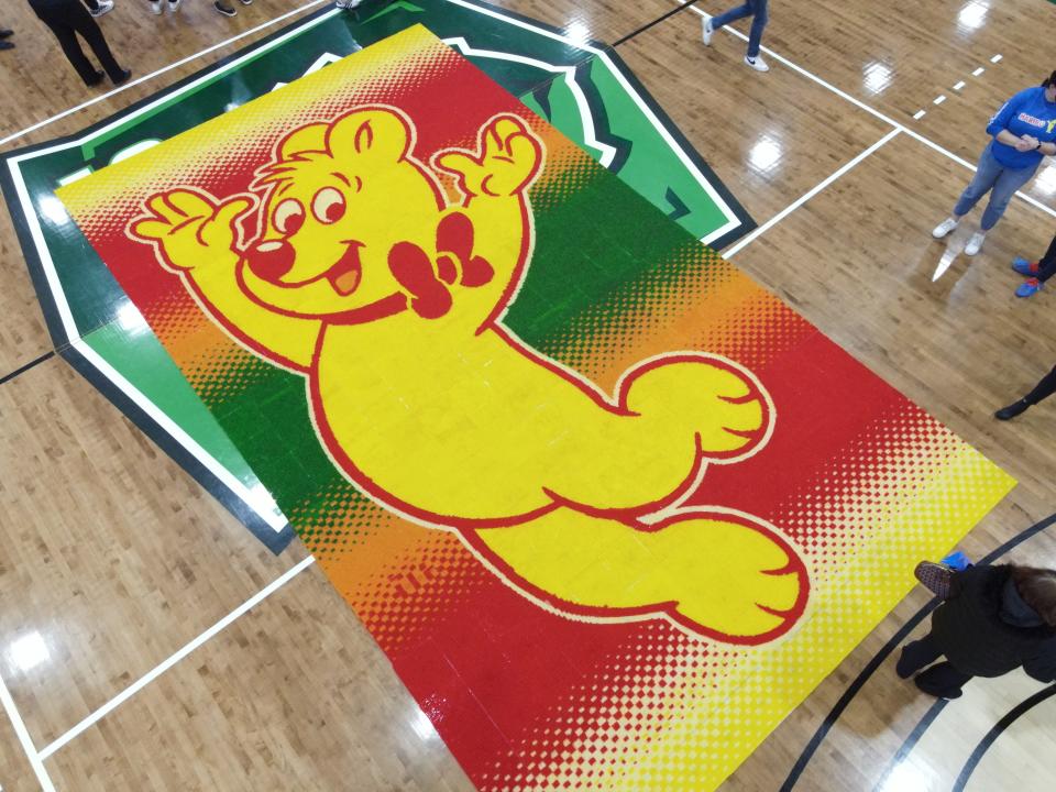 A drone photo of Haribo's Guinness World Record-setting candy mosaic at UW-Parkside. The mosaic, made from Haribo gummy candies, set the record for the world's largest jelly/gummy candy mosaic.