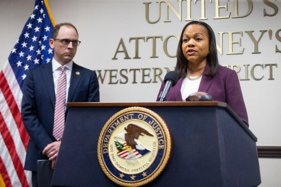 U.S. Attorney General for the Western District of Tennessee Kevin Ritz looks on as Assistant U.S. Attorney General Kristen Clarke, head of the Department of Justice’s civil rights division, speaks during a press conference announcing that an indictment is pending in federal court for the five now-former Memphis police officers involved in the Tyre Nichols case in Memphis, Tenn., on Tuesday, September 12, 2023.