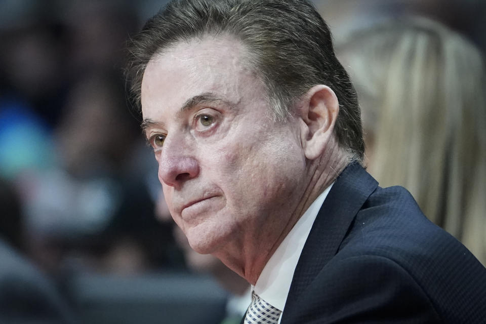 Iona head coach Rick Pitino works the bench in the first half of a first-round college basketball game against Connecticut in the NCAA Tournament, Friday, March 17, 2023, in Albany, N.Y. (AP Photo/John Minchillo)