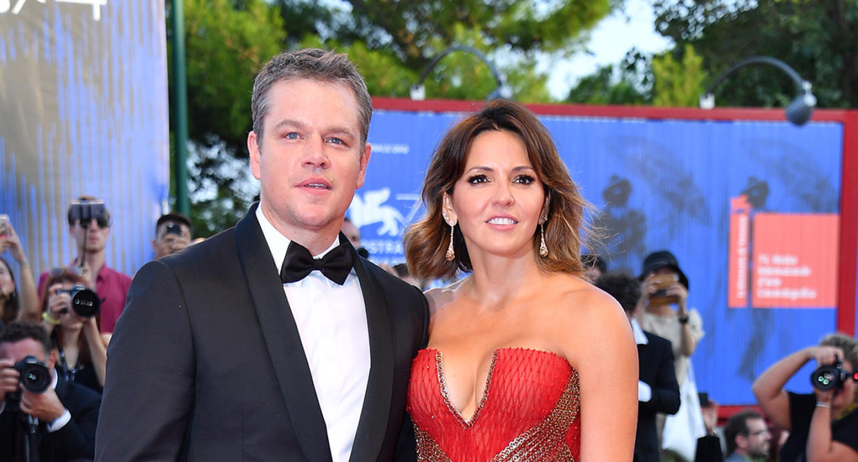 Matt Damon and Luciana Barroso walk the red carpet at the 74th Venice Film Festival in Venice, Italy. (Photo: Getty Images)