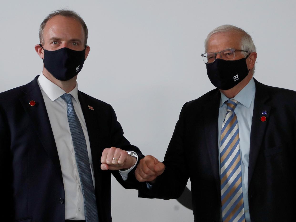 <p>Britain’s foreign secretary Dominic Raab (left) and EU foreign affairs representative Josep Borrell meet ahead of talks during Wednesday’s G7 meeting in London</p> (Reuters)